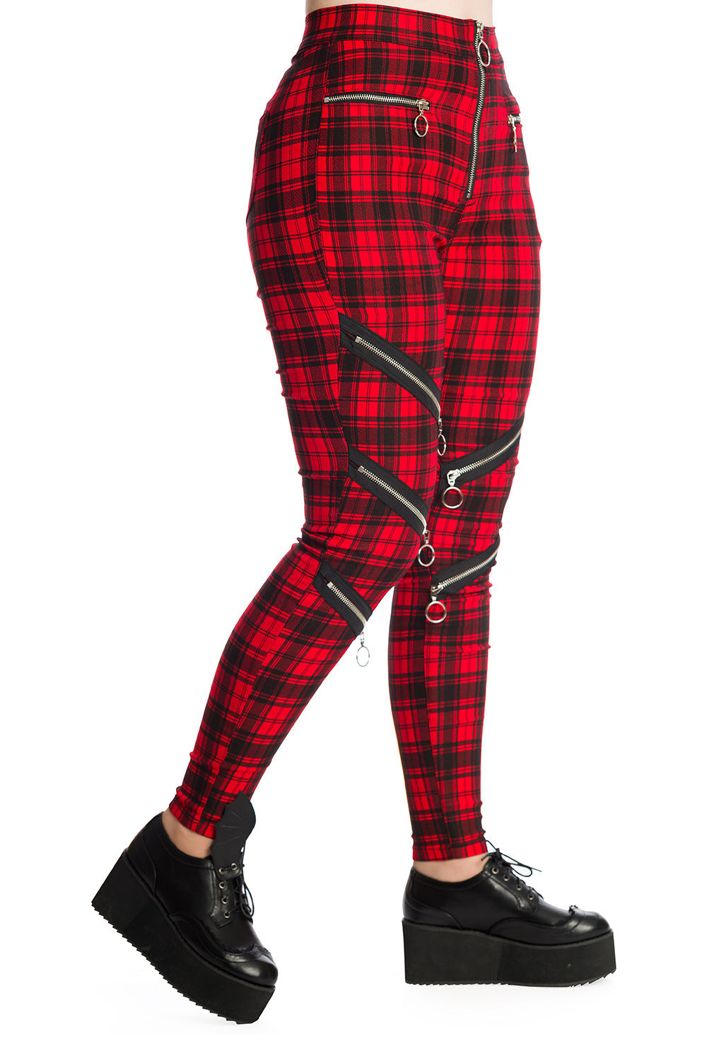 High waisted red check trousers with zip details on legs