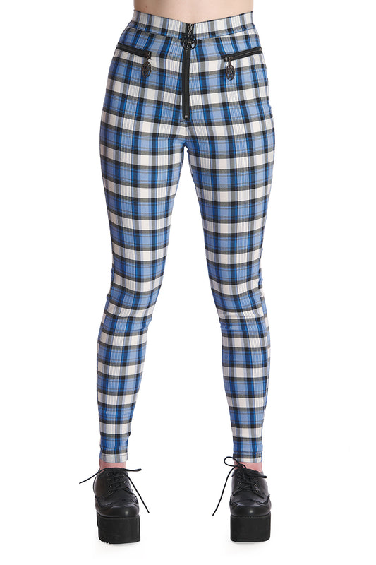 High waisted blue and white tartan trousers with front zip and pentagram pendants