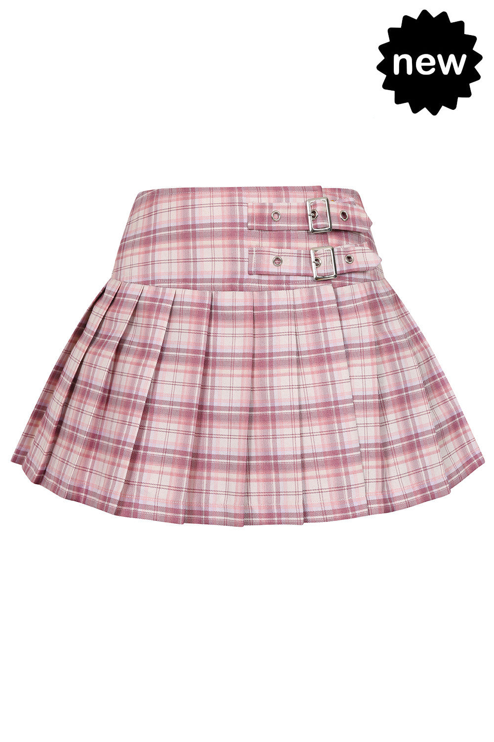 Pink tartan mini skirt with buckles