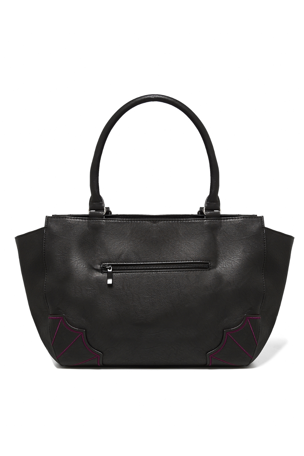 Back of Large handbag with spider web and bat details in purple