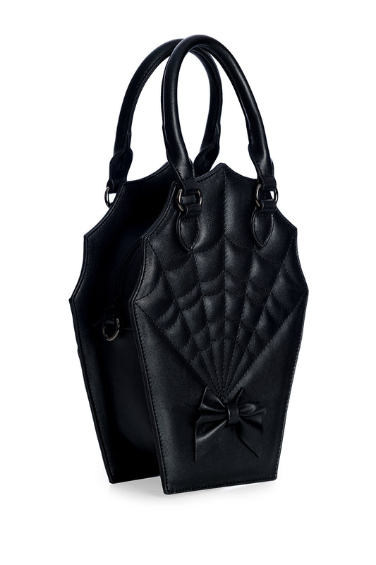 Black quilted coffin shaped handbag with spiderweb and bow