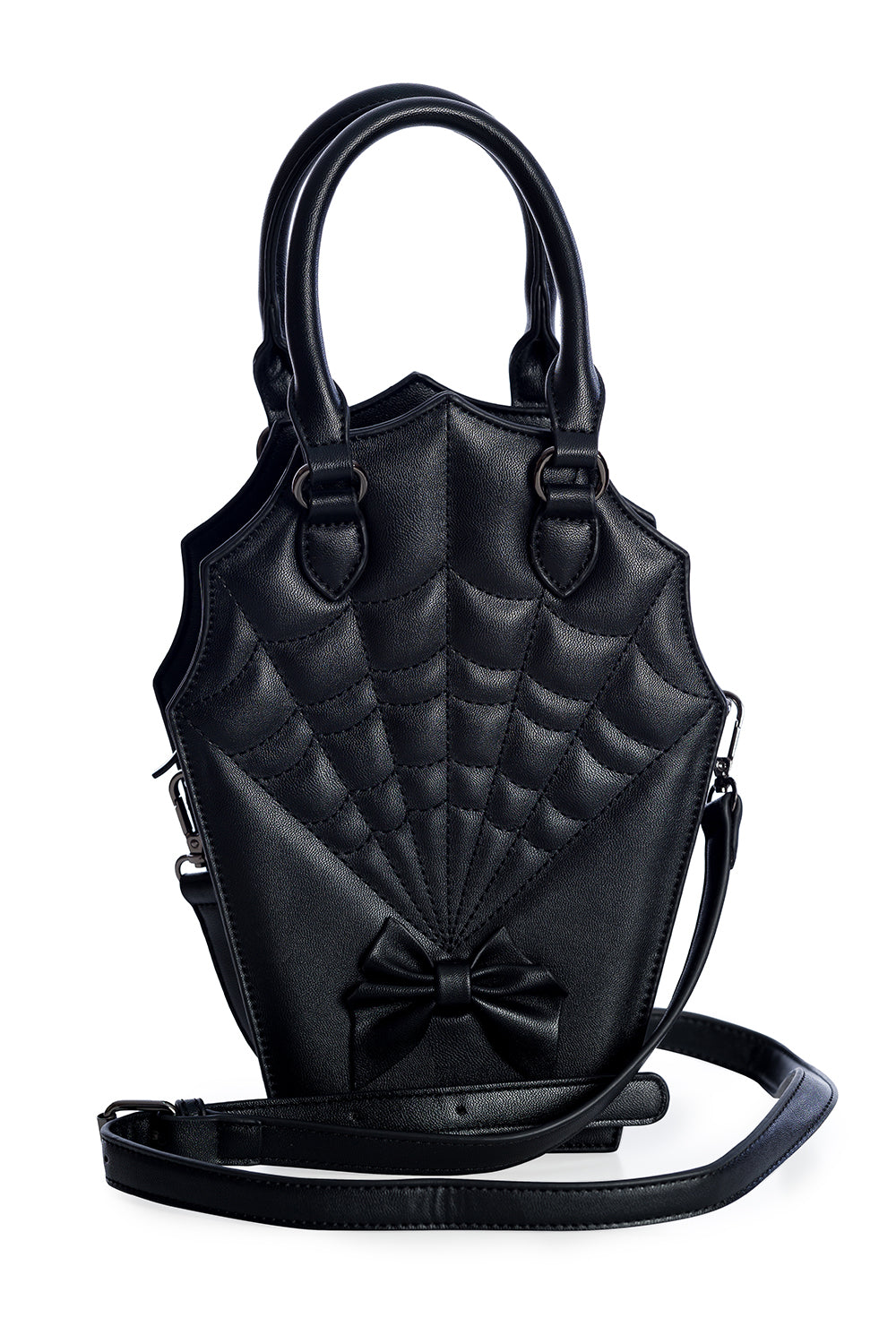 Black quilted coffin shaped handbag with spiderweb and bow