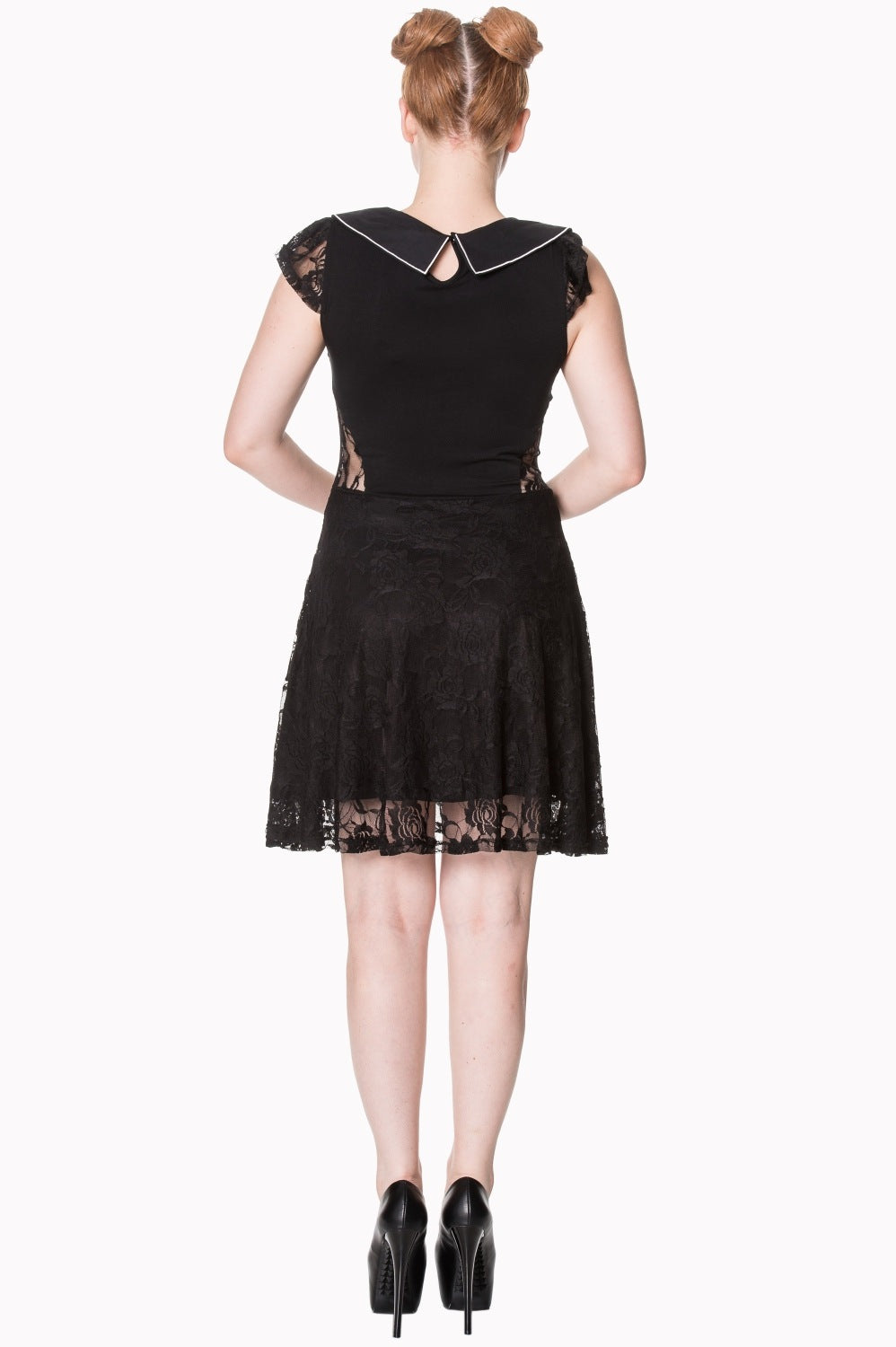 Back of Model wearing black a line dress with lace skirt and cat detail collar