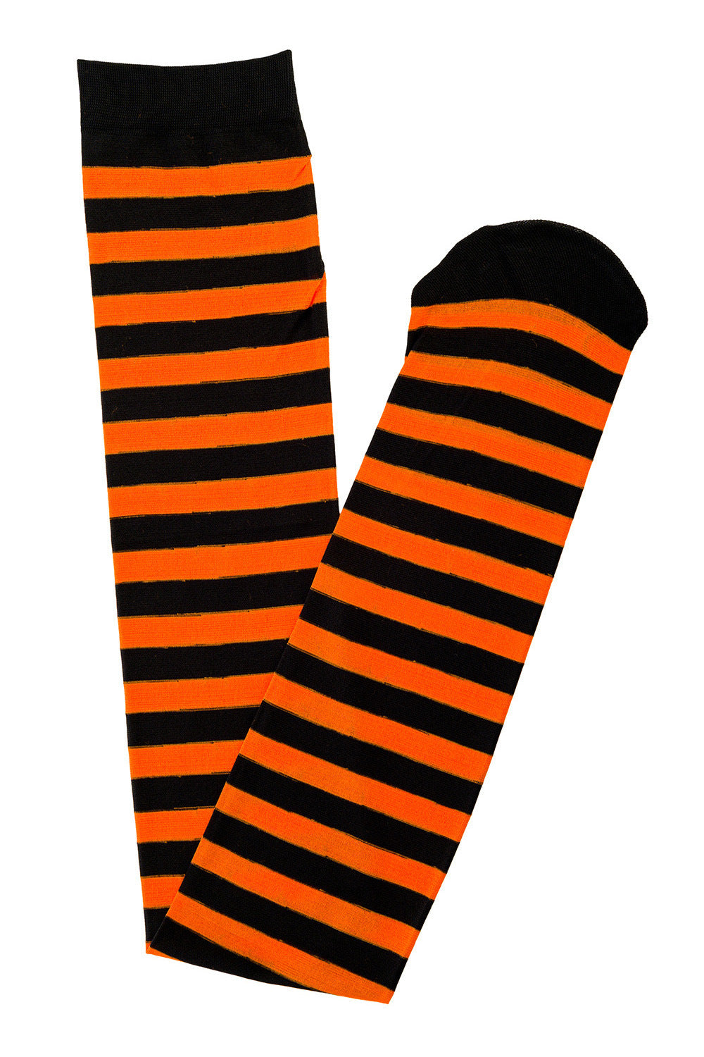 Flat lay of black and orange stripe thigh high socks 