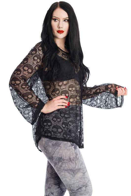 Banned Alternative Lace Skull Black Long Sleeve Top