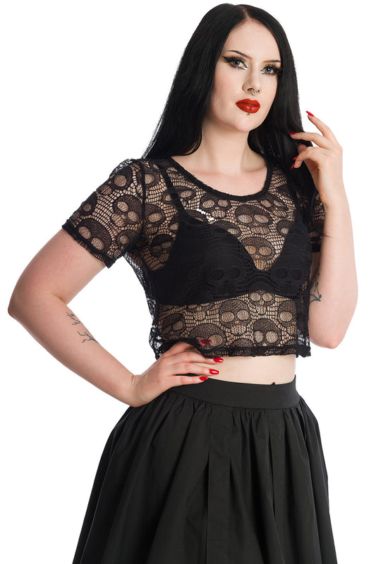 Banned Alternative Lace Skull Black Crop Top