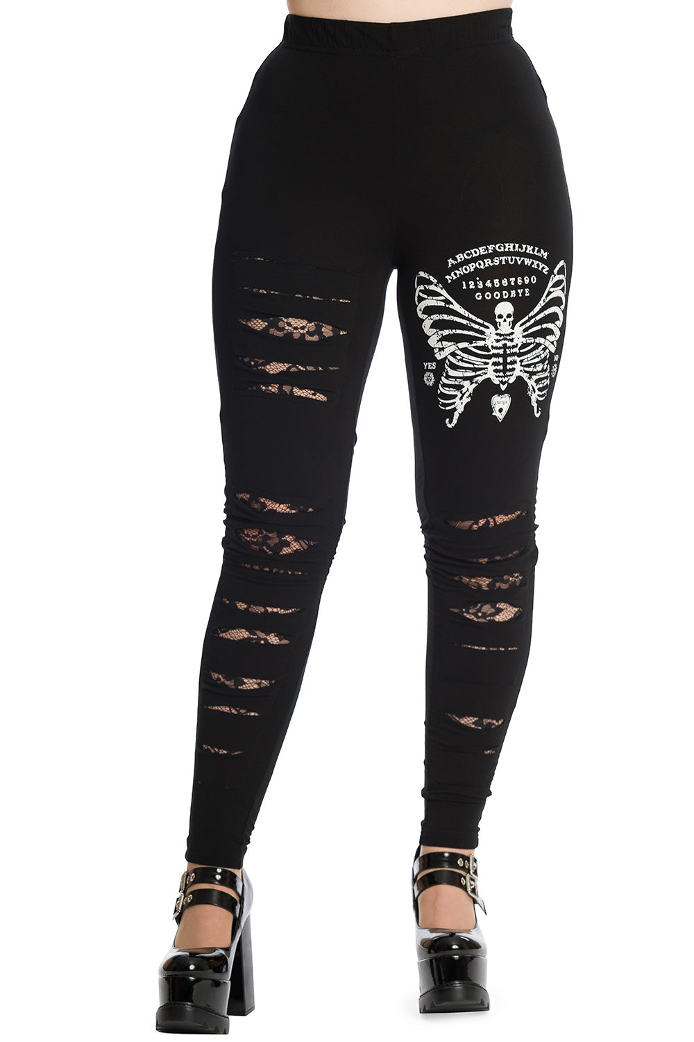 Black Skeleton Butterfly Print Ripped Leggings by Banned