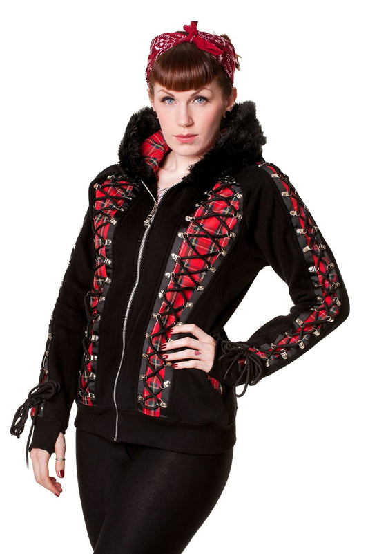 Banned Alternative Red Tartan Corset Black Hoodie