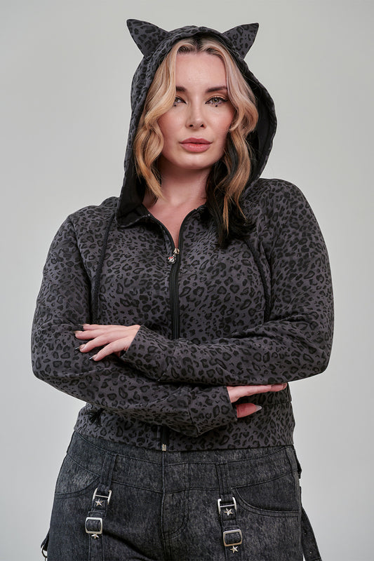 Banned Alternative Grey/Leopard Vampire Kitty Hoodie