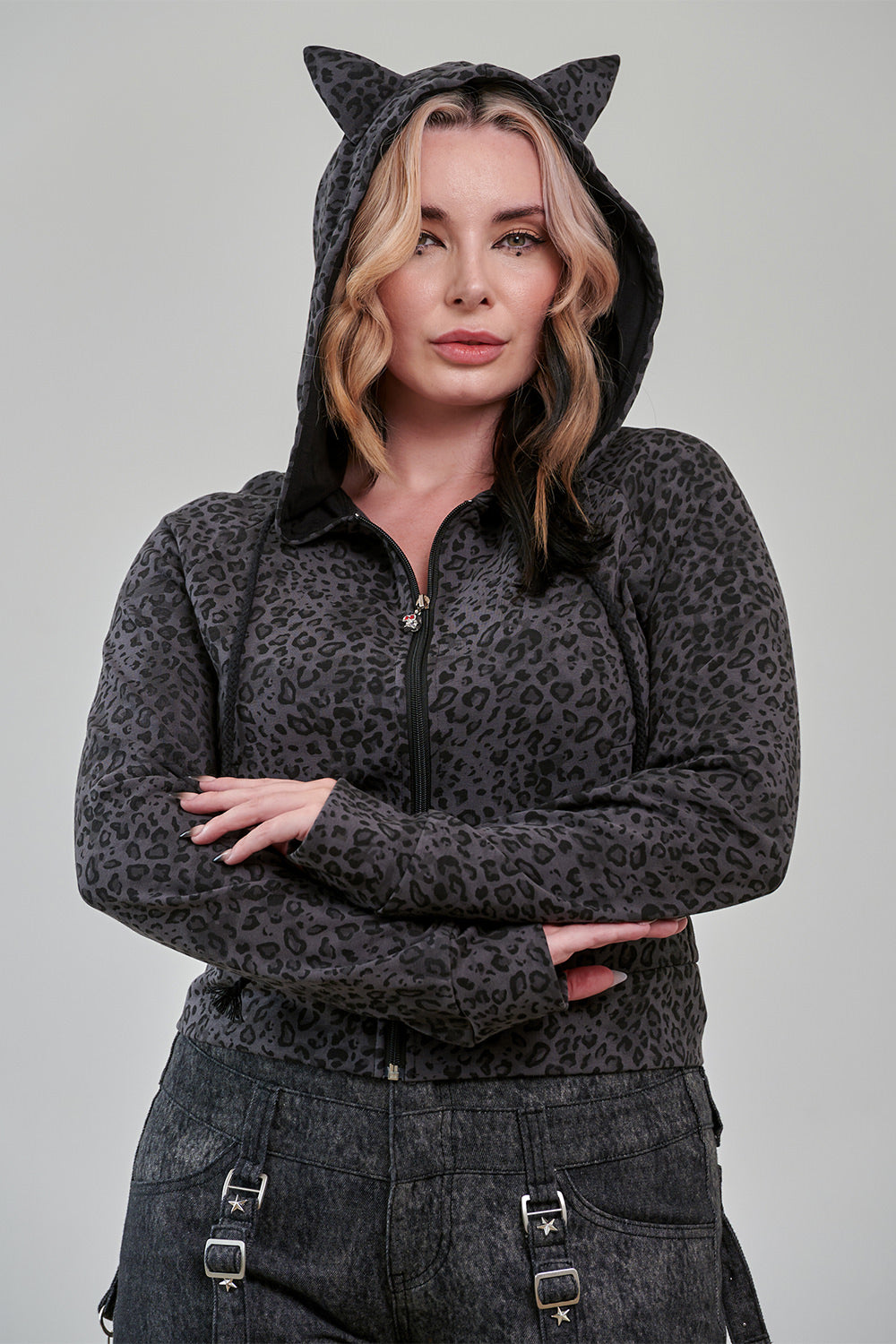 Banned Alternative Grey/Leopard Vampire Kitty Hoodie