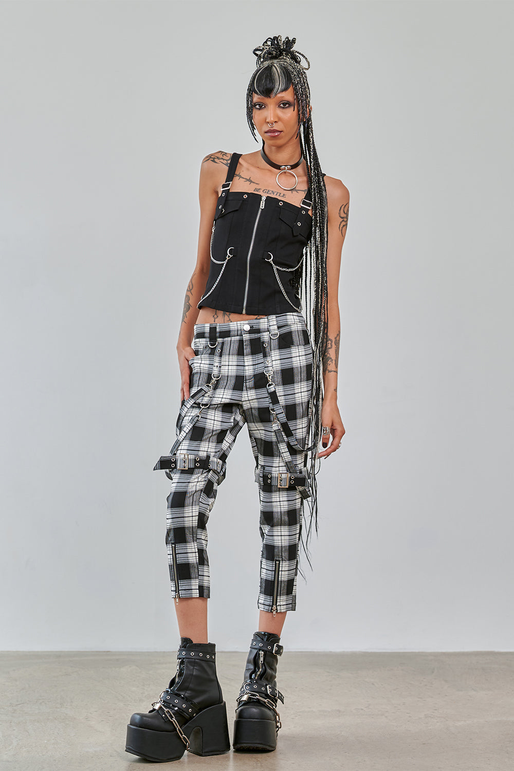 Banned Alternative Black/White Nocturne Buckle Trousers