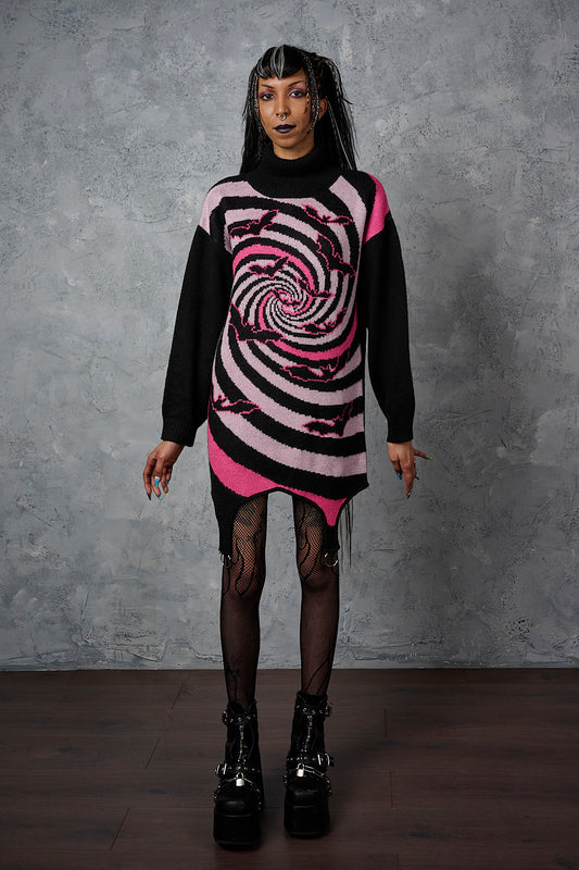 Banned Alternative Black/Pink Twisted Batfall Knitted Dress
