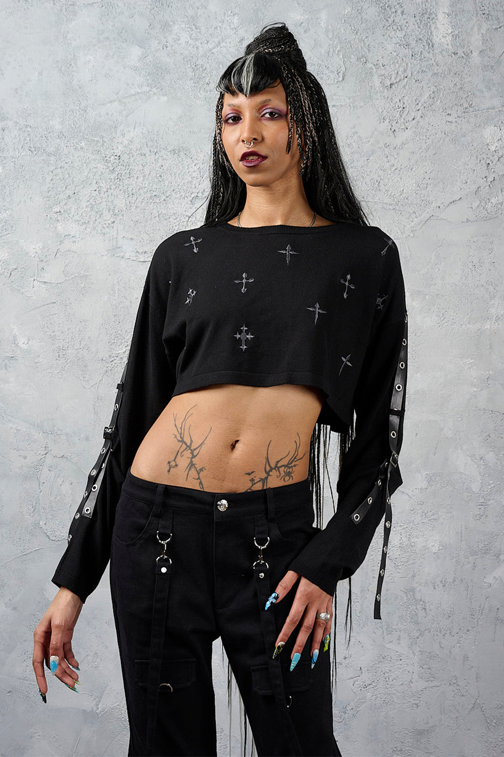 Banned Alternative Black Crossbound Crop Jumper