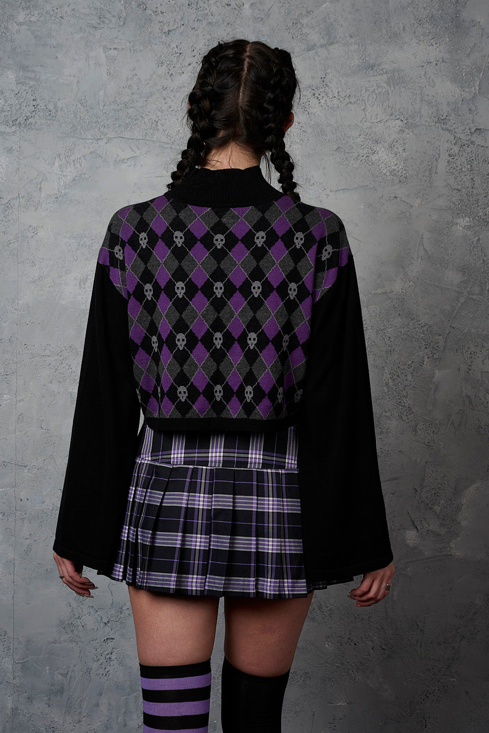 Banned Alternative Black/Purple Skull Argyle Crop Jumper