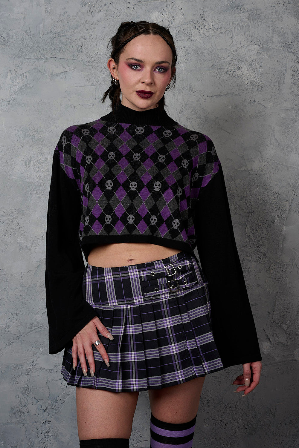 Banned Alternative Black/Purple Skull Argyle Crop Jumper