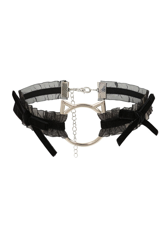 BANNED Wildmark Choker Velvet Bow Choker with Cat Ring Accent
