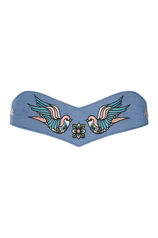 BANNED Marilou Swallow Belt Retro Embroidered Denim Belt with Swallow Design