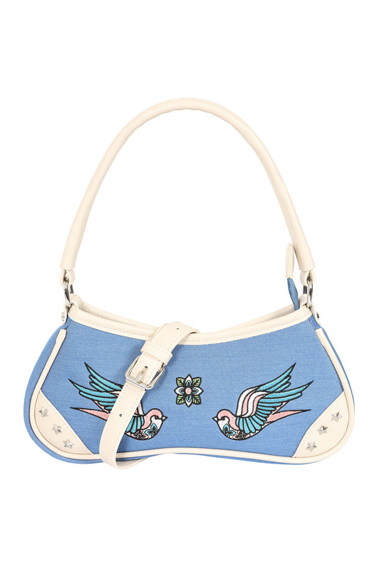 BANNED Marilou Swallow Denim Handbag | Rockabilly Embroidered Style