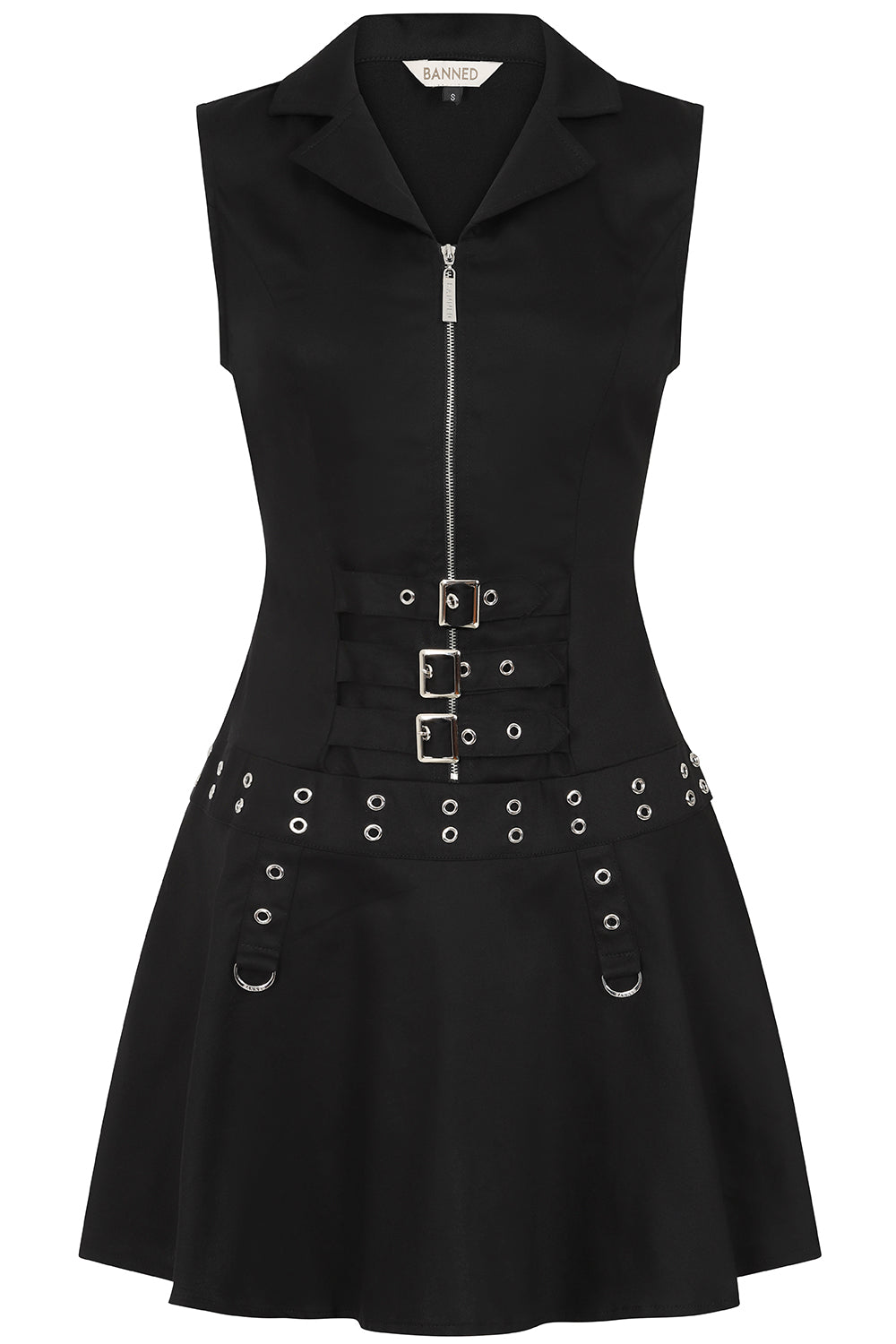 Banned Alternative Astrid Black Buckle Mini Dress with Zip Front and Grommet Details