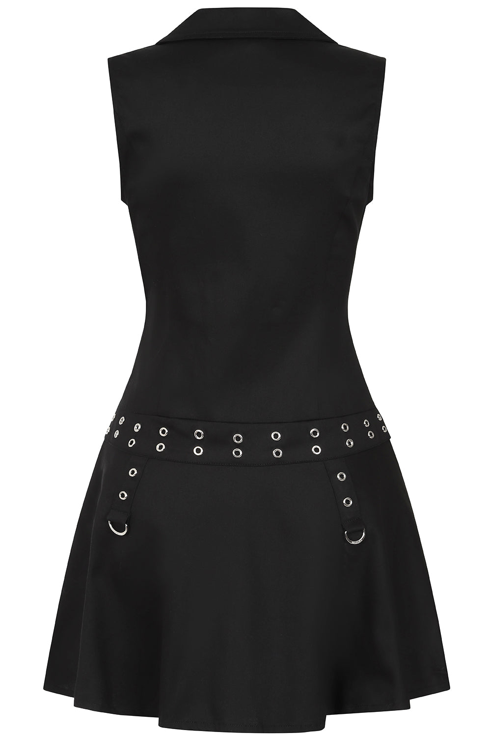 Banned Alternative Astrid Black Buckle Mini Dress with Zip Front and Grommet Details