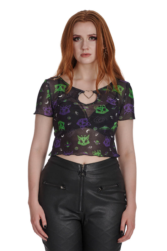 Banned Alternative ALIEN SPACE CAT MESH CUT-OUT TOP