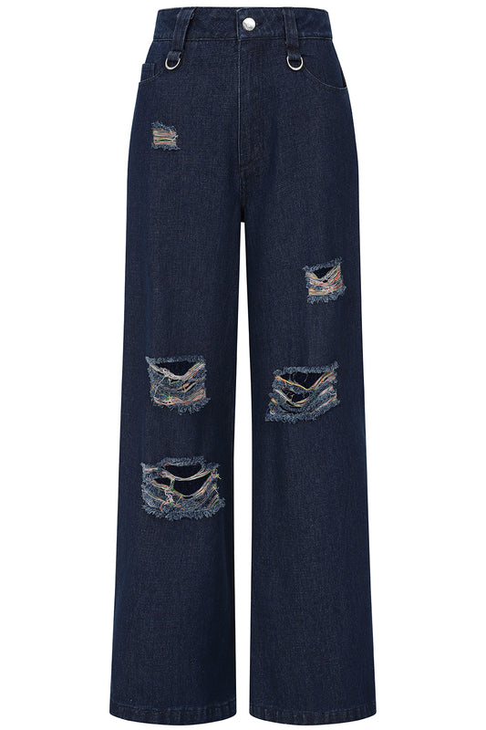 Banned Alternative Harley Rainbow Thread Distressed Wide-Leg Jeans