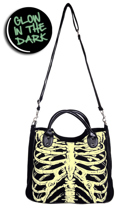 Black shoulder bag with glow in the dark skeleton rib cage print 