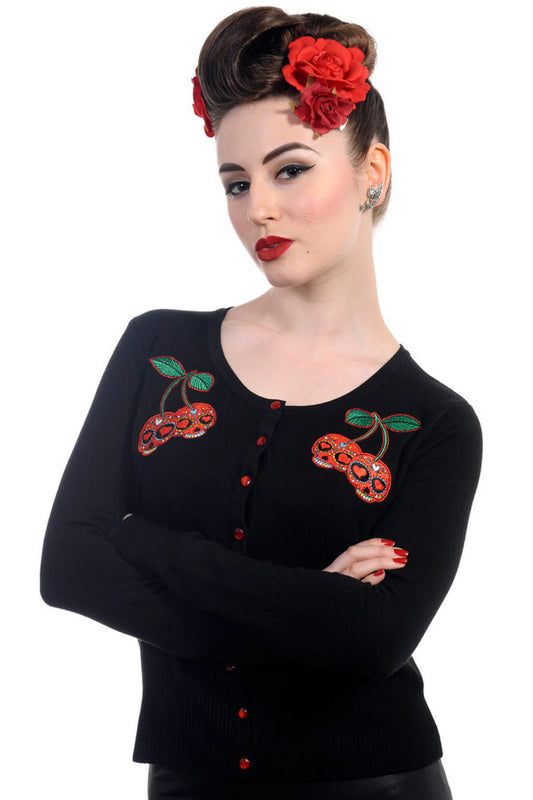 Goth vintage inspired black cardigan with red skull cherries 