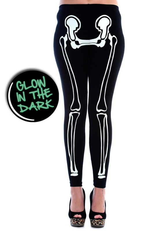 Black leggings with glow in the dark skeleton bones