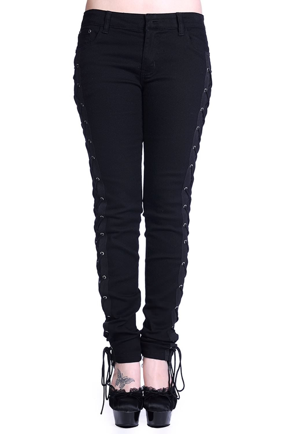 Low rise black trousers with corset details on the side of leg