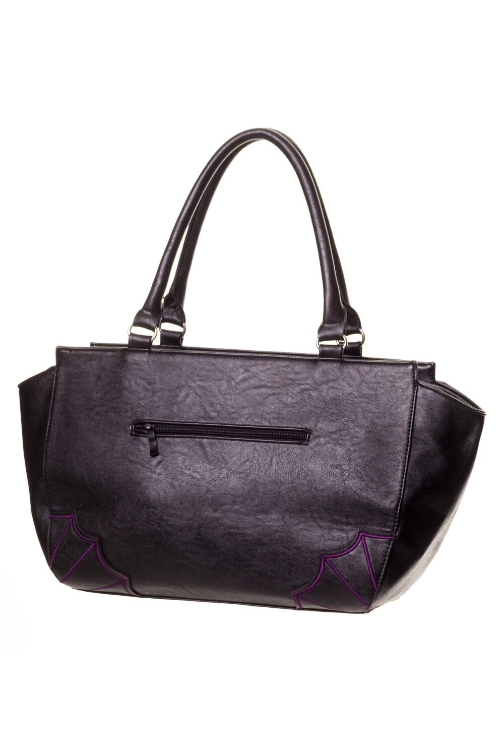 Back of Large handbag with spider web and bat details in purple