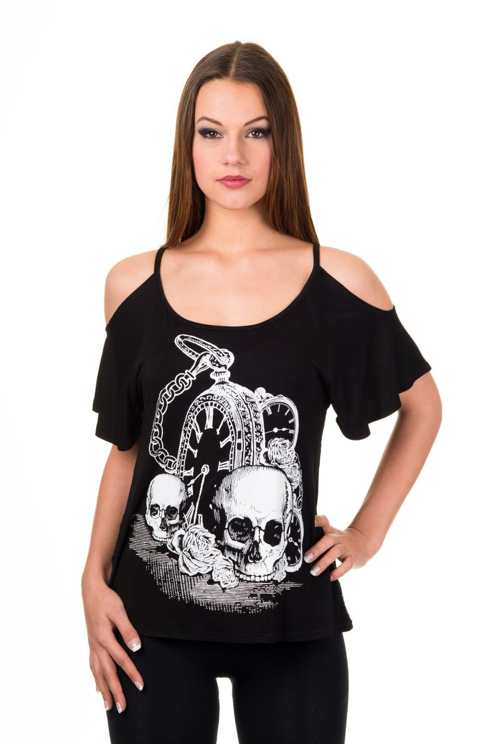 Banned Alternative Skull and Pocket Watch Lace Back T-Shirt