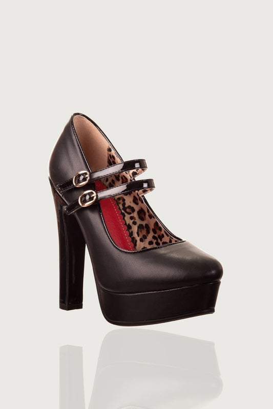 High heel black shoe with straps and leopard print lining 