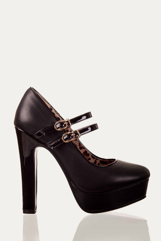 High heel black shoe with straps and leopard print lining