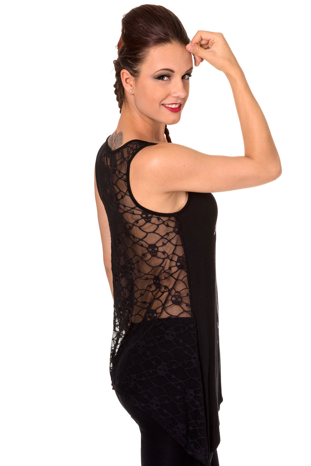 Side view of black longline vest top with lace back