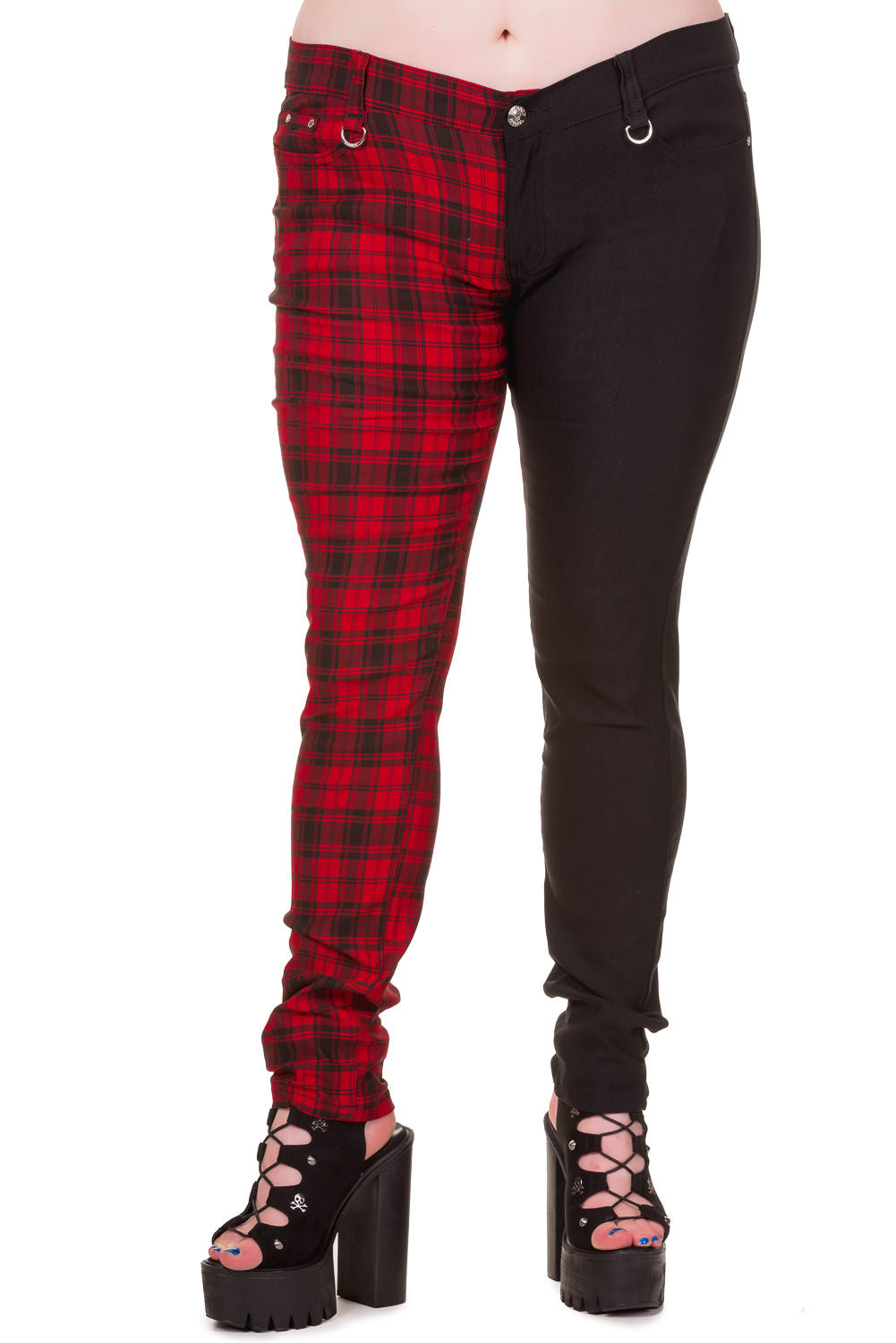Low rise skinny jeans with one black leg and one red check leg