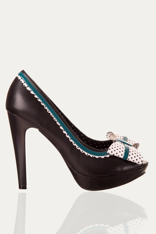 Black high heel shoe with polka dot and turquoise accents