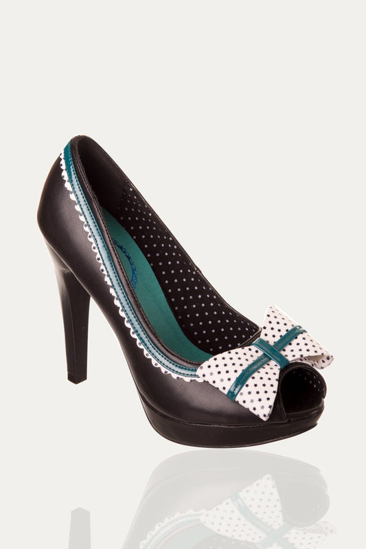 Black high heel shoe with polka dot and turquoise accents 