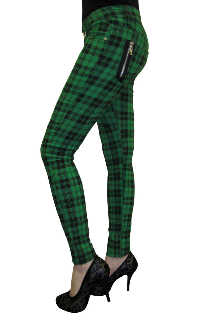 mid rise green check skinny jeans 
