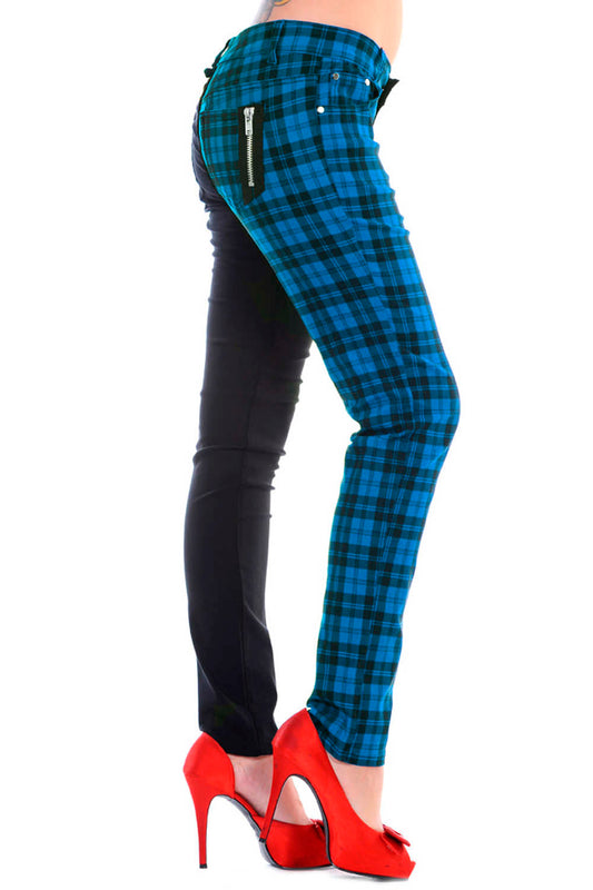 Low rise skinny jeans with one black leg and one blue check leg