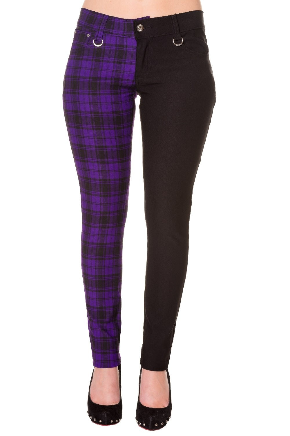Low rise skinny jeans with one black leg and one purple check leg