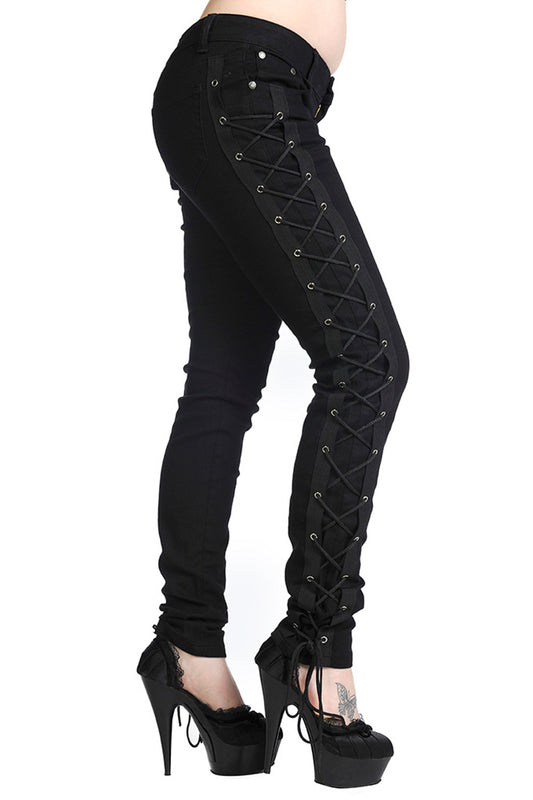 Low rise black trousers with corset details on the side of leg