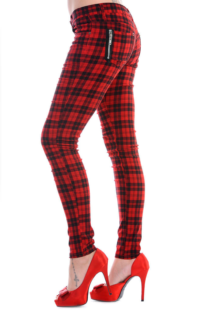 mid rise red check skinny jeans 