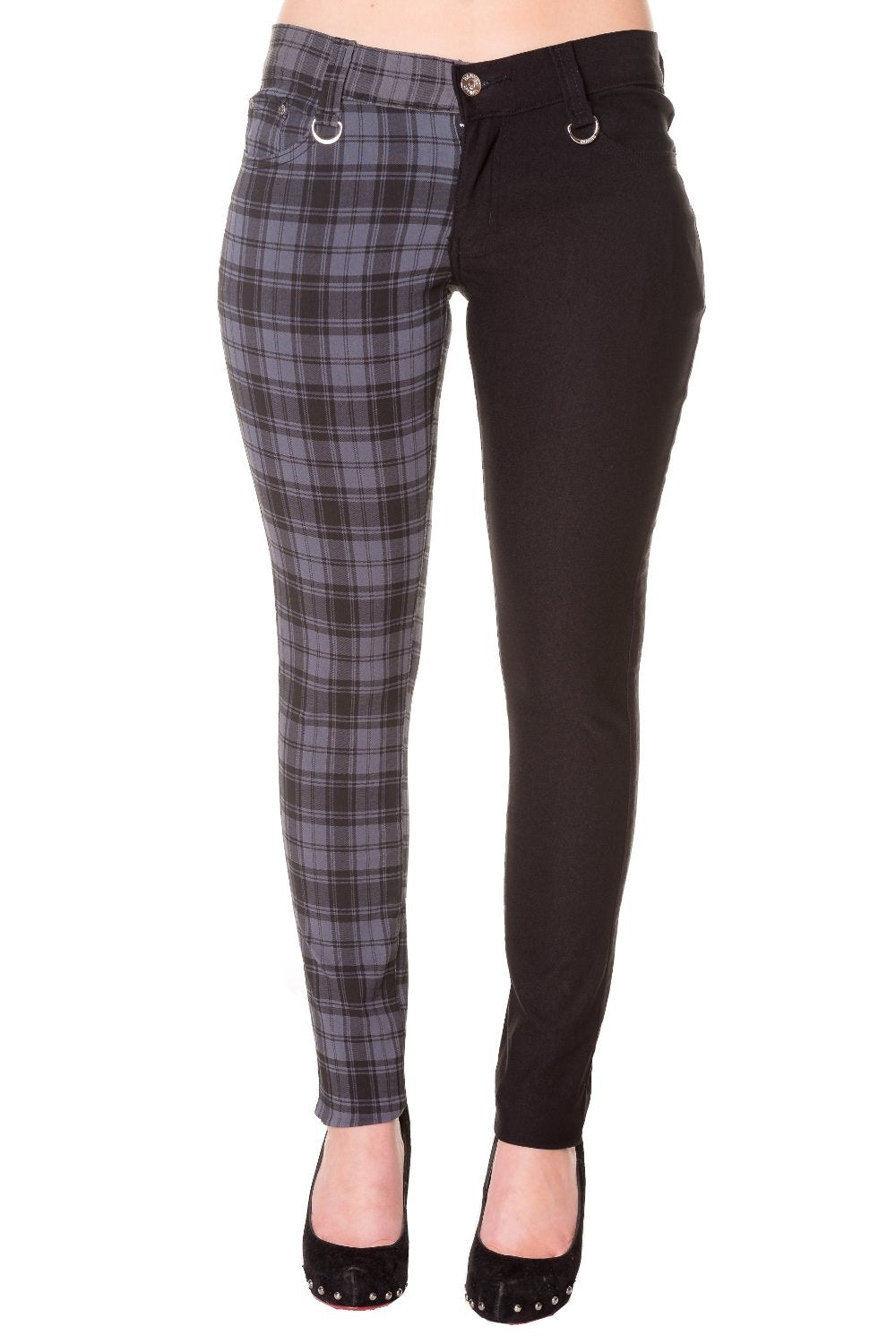 Low rise skinny jeans with one black leg and one grey check leg