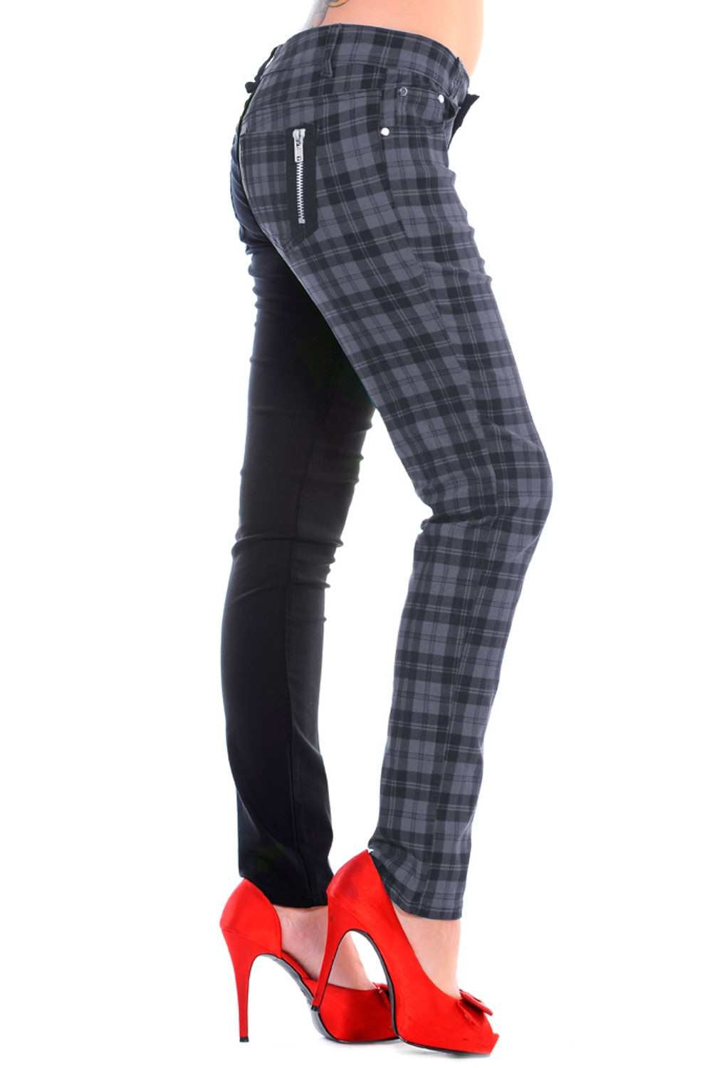 Low rise skinny jeans with one black leg and one grey check leg