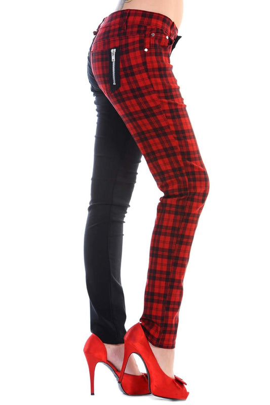 Low rise skinny jeans with one black leg and one red check leg 