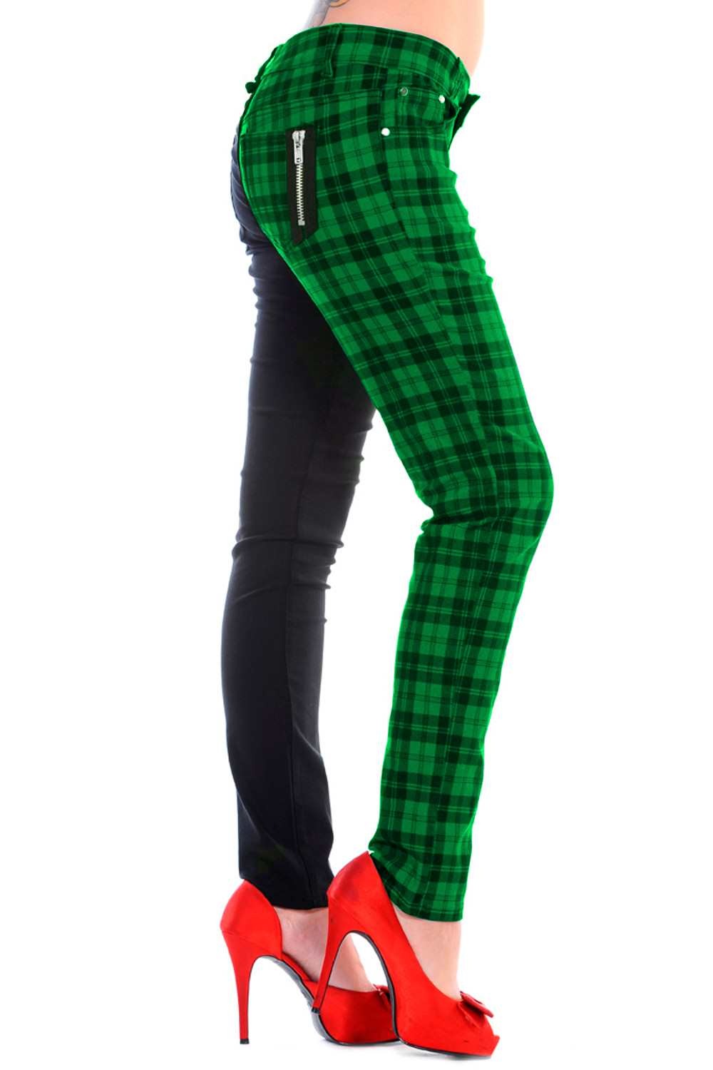 Low rise skinny jeans with one black leg and one green check leg