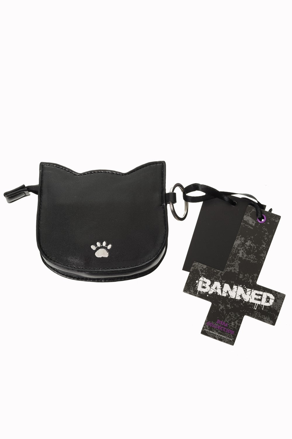 Back of cat head shaped coin purse with white paw print on and banned alternative label 