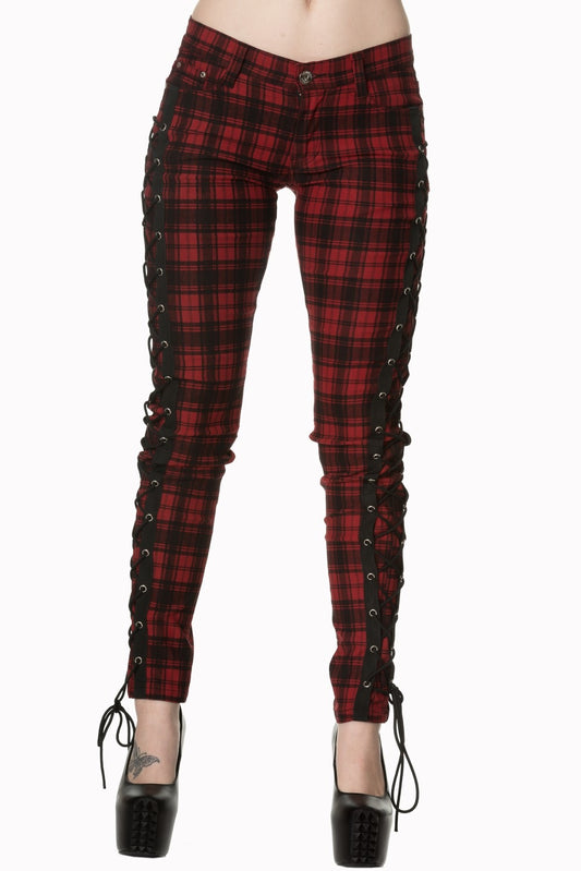 Low rise red check trousers with corset details on the side of the leg