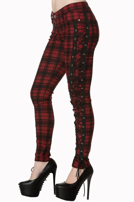 Low rise red check trousers with corset details on the side of the leg 